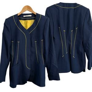 Vintage Richard Tyler Navy Blue Blazer Yellow Stitching 100% Silk Women’s Size 4